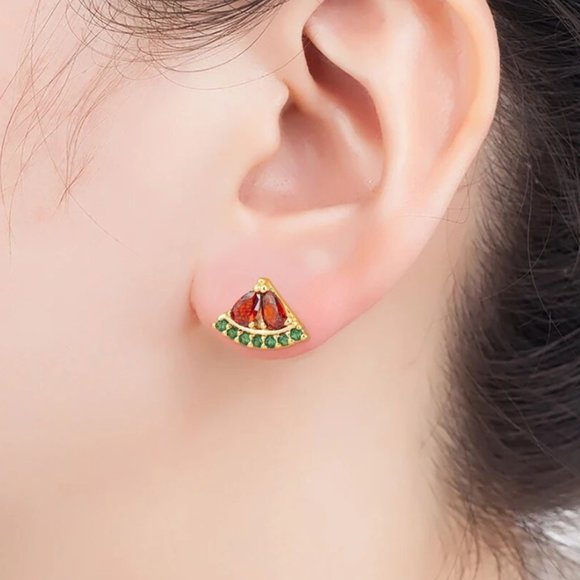 Watermelon Shape Cute Fruit Stud Earrings Copper Zircon - Picture 3 of 4